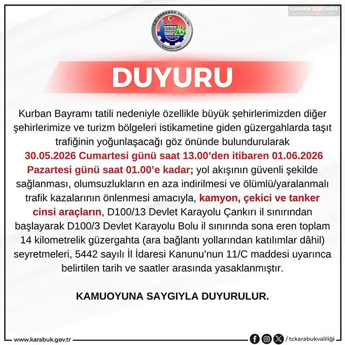 KARABÜK’TE BAYRAM TRAFİĞİ ALARMI: AĞIR TONAJLI ARAÇLARA GEÇİŞ YASAĞI